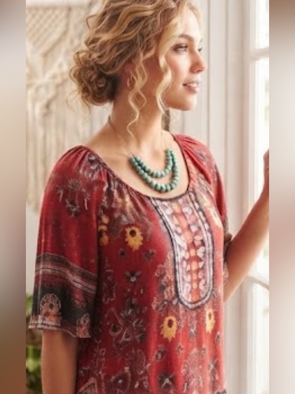 Boho Floral Red Patterned Peasant Blouse